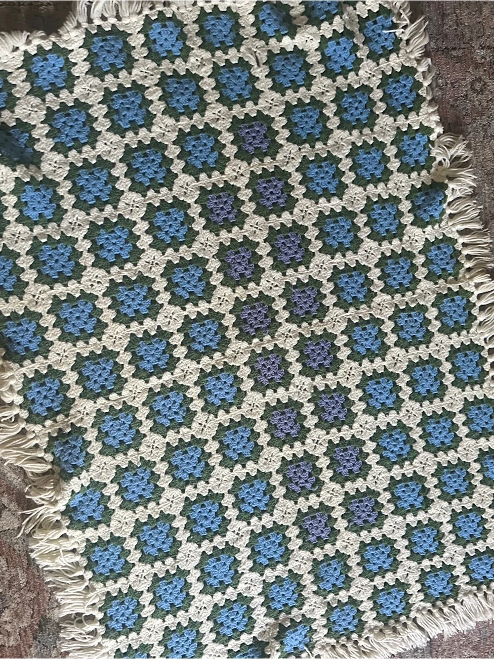 Handmade Crochet Throw Blanket in Blue, Green & Cream fringe edge